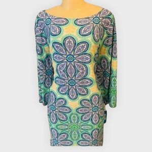 Sabrina Blue Sz 5X 3/4 Sleeve Yellow Blue Green Flowy Midi Dress